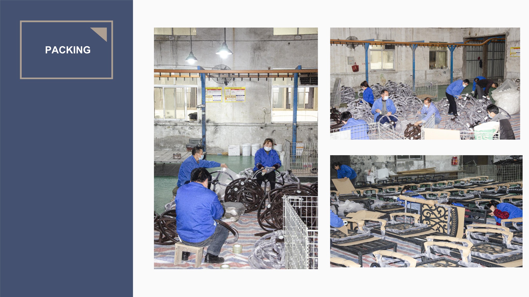 Factory workers wrapping and packing outdoor furniture components
